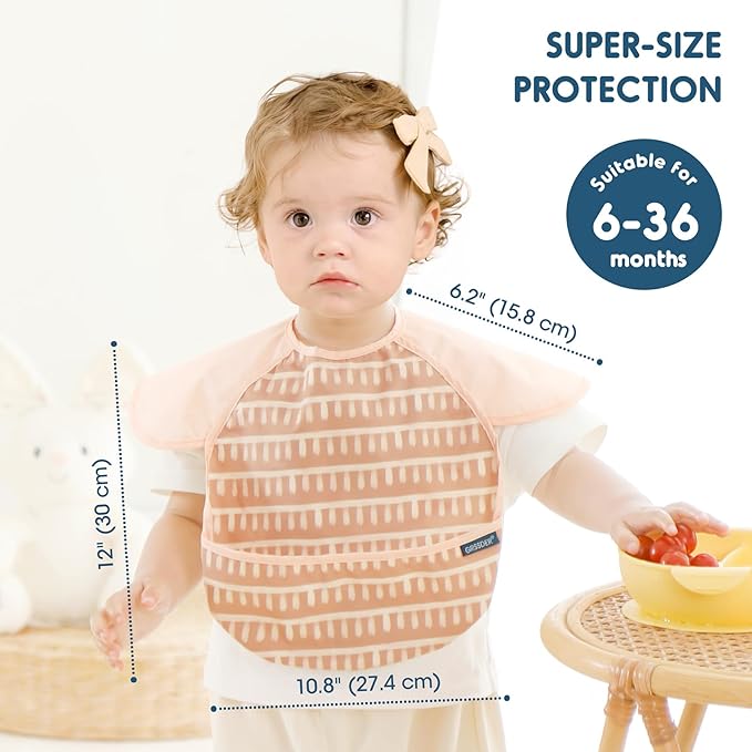 GRSSDER Soft Lightweight Waterproof Baby Feeding Bibs with Food Catcher Pocket, Adjustable and Easy Clean Wipe Off Toddler Bibs 3 Packs for 6-36 Months