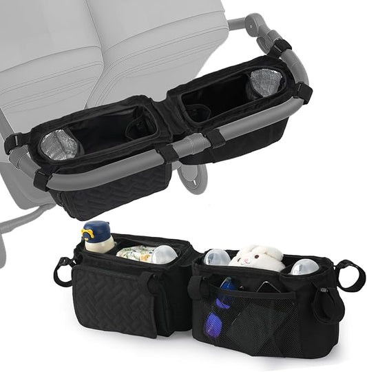 Double Stroller Caddy Organizer with 2 Insulated Cup Holder, Parent Console Fits for BOB Duallie, Jeep, Baby Jogger City Mini GT2 and UPPAbaby, Double Jogging Stroller Accessories