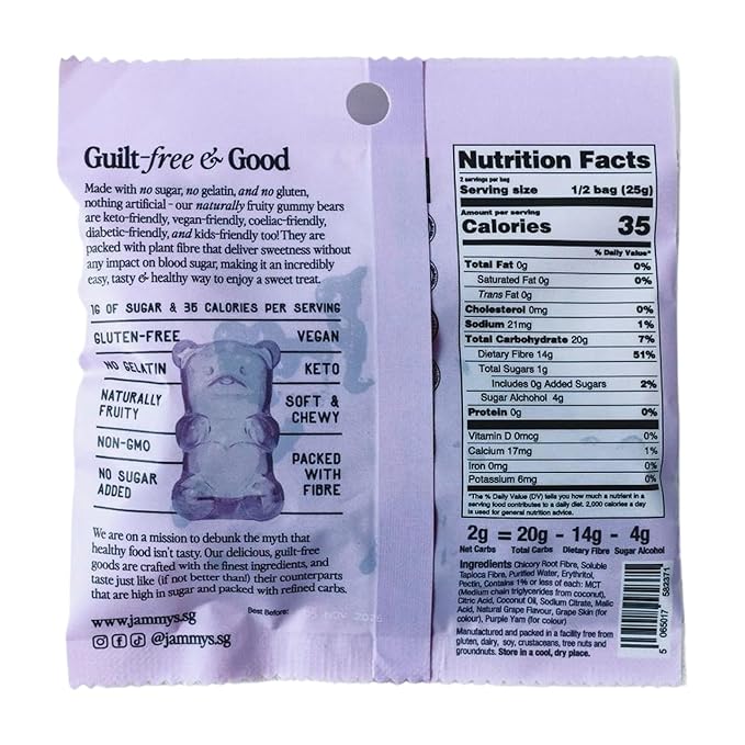 Jammy's™ - Sour Grape Gummy Bears | Sugar-Free & Vegan-Friendly | Keto-Friendly, Gluten-Free, Low Carb, High Fibre & Naturally Fruity | Delicious, Soft & Chewy | Box of 6 x 50g Bags
