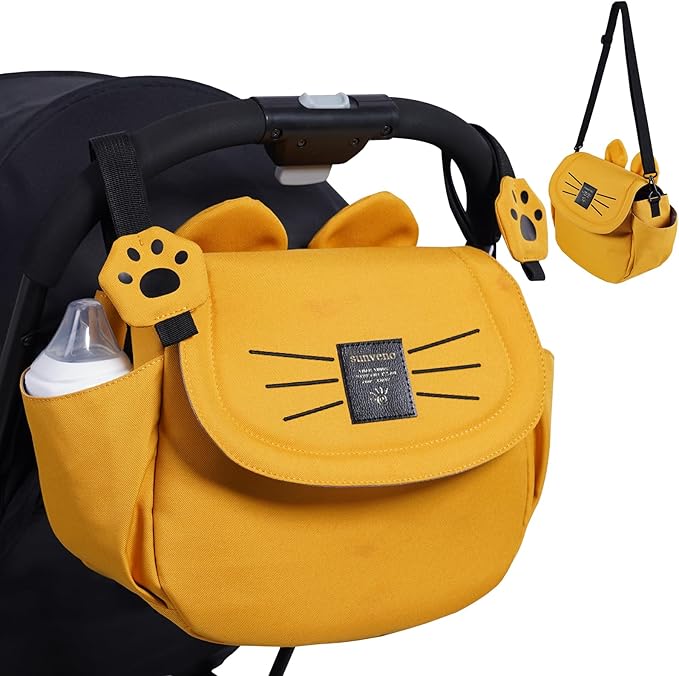 SUNVENO Kitty Stroller Organizer Bag – Universal Baby Stroller Caddy with 2 Cup Holders, Adjustable Straps, Waterproof Oxford, Lightweight Travel Accessory for Strollers, Prams & Pushchairs,Yellow