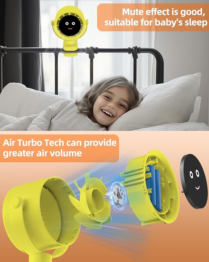 Clip on Fan for Bed, Portable Fan for Travel, Small Powerful 5 Speed Quiet 360° Rotate, Air Turbo Tech & Digital display, For Home Office Stroller Camping (Yellow)