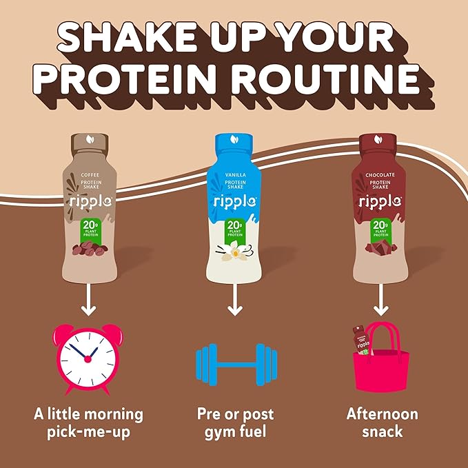 Ripple Coffee Plant Based Protein Shake | 20g of Quality Sourced Pea Protein, 100mg Caffeine, Calcium | Shelf Stable | Vegan & Non GMO | Dairy, Soy, Nut, & Gluten Free | 12 Fl Oz Bottles (Pack of 12)