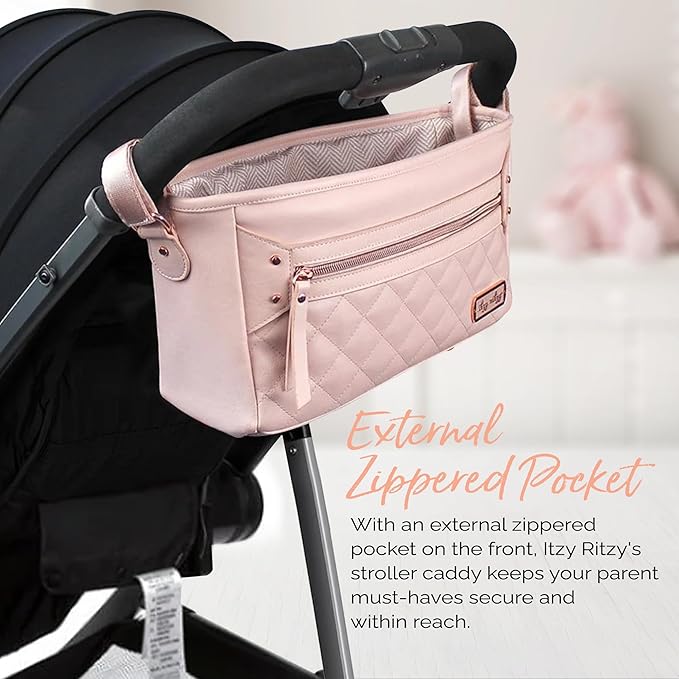 Itzy Ritzy Adjustable Stroller Caddy/Organizer - Stroller Organizer Bag Featuring Front Zippered Pocket, 2 Built-in Interior Pockets & Adjustable Straps to Fit Nearly Any Stroller (Blush)