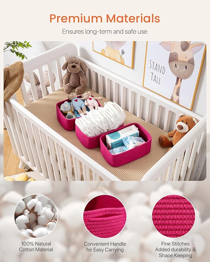 Small Woven Basket, 12 x 8 x 4.5 Inches, Storage Basket for Organizing, Cute Small Rope Shelf Closet Cube Storage Bins Baskets for Shelves, Dog Toy Gift Baskets Empty, 3 Packs, Hot Pink