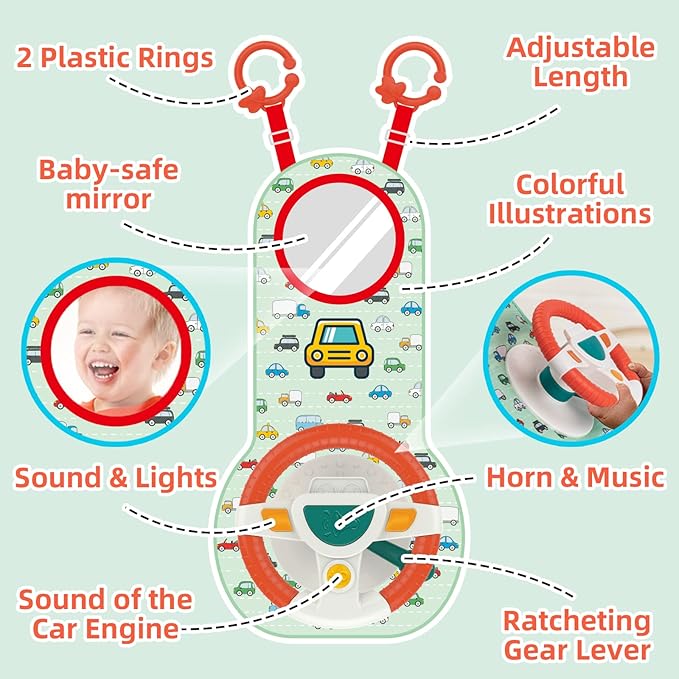 COVTOY Baby Car Seat Toys for Infants with Mirror, Steering Wheel, Music Lights, Driving Sounds - 6-12 Months