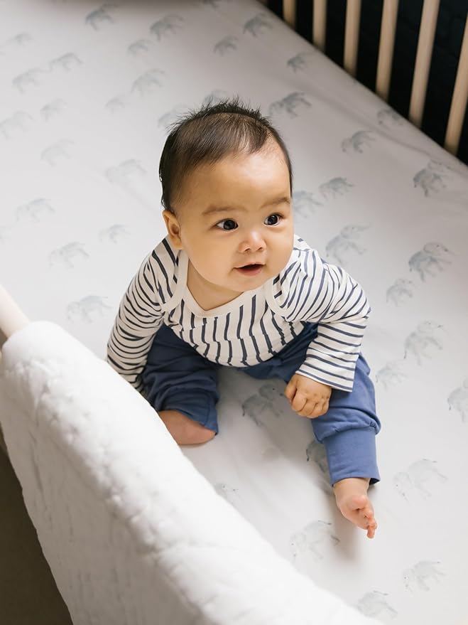 Pehr Crib Sheet, Follow Me Elephant | Breathable Brushed Organic Cotton for Soft Sleep | Fits Standard Crib Mattresses up to 52”L x 28”W x 8”H
