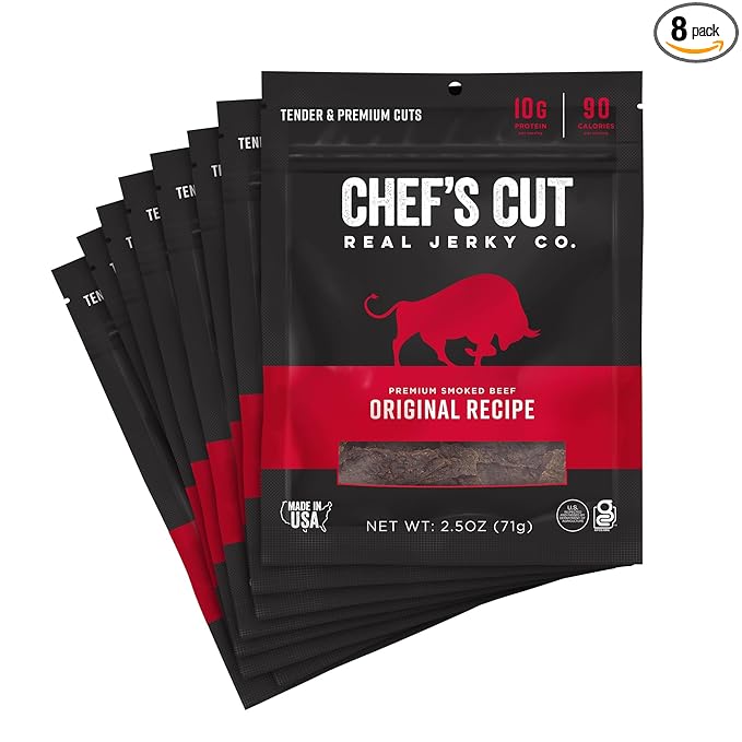 Chef's Cut Beef Jerky, Original, High Protein Meat Snack, 10g of Protein and 90 Calories, Gluten Free, Premium Lean Smoked Beef - 2.5 Ounce (Pack of 8)