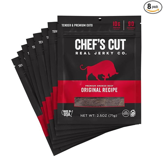 Chef's Cut Beef Jerky, Original, High Protein Meat Snack, 10g of Protein and 90 Calories, Gluten Free, Premium Lean Smoked Beef - 2.5 Ounce (Pack of 8)
