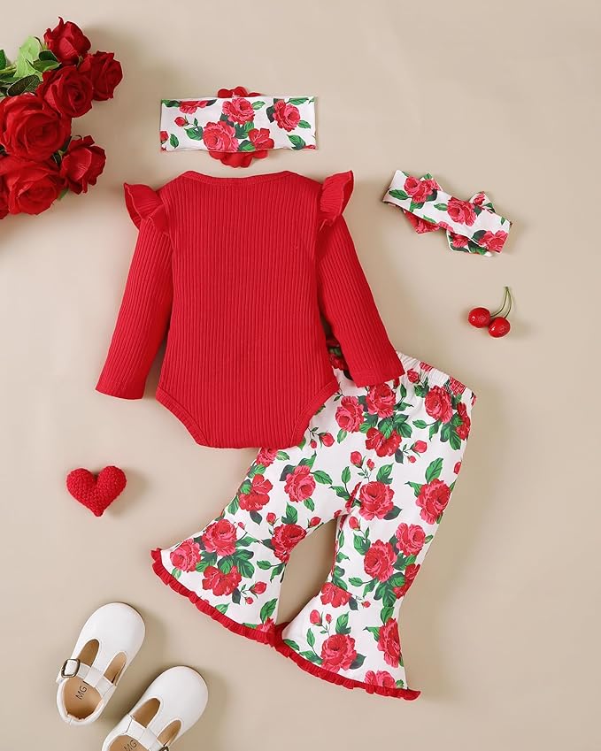 SUNNY PIGGY Newborn Baby Girl Clothes Infant Outfits Romper Floral Fall Outfit Bell Bottoms Pant Sets Hat Headband Flowerpant