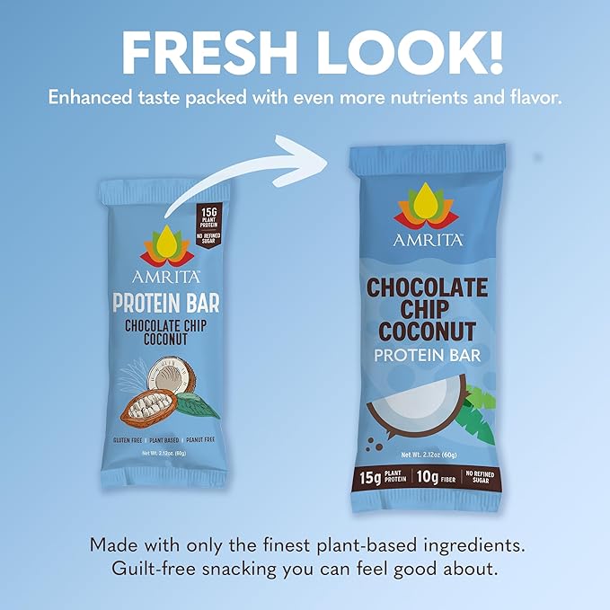 Amrita Nut Free Vegan Protein Bars (12 CT) | Chocolate Chip Coconut 15g Plant-Based Protein Bar | Peanut-Free, Gluten Free, and Dairy-Free | No Added Sugar, High Fiber, Healthy Snacks for Kids/Adults