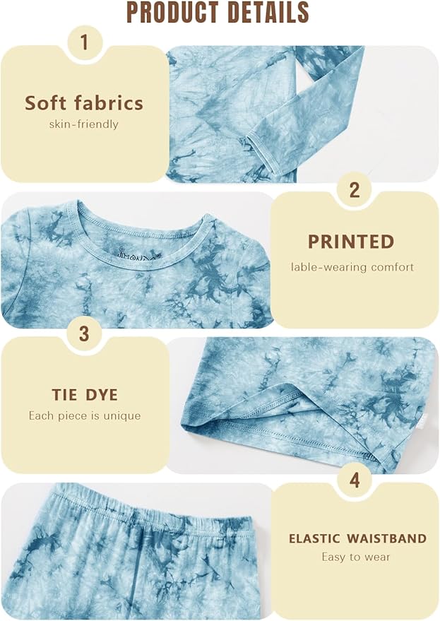 Jimonda Kids Toddler Soft Rayon From Bamboo Pajamas Long Sleeve Boys Girls Sleepwear Outdoor 4pcs Set Tops&Pants Tie Dye Pj