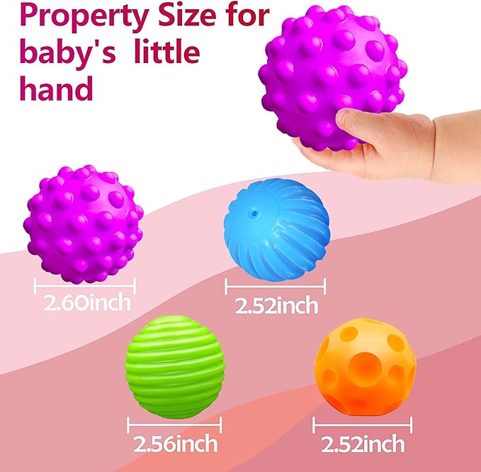 Montessori Toys for Babies 3 Months+, Baby Balls 3 to 12 Month for Babies & Toddlers 3M+, Textured Multi Ball Set Colorful & Soft Squeezy Sensory Toys. Stress Relief Balls for Infant (4 Pack)