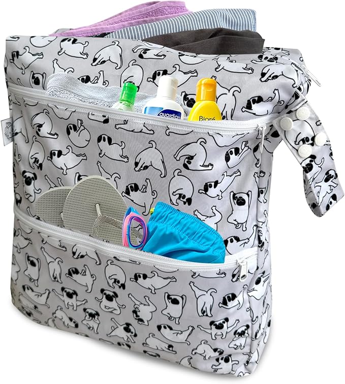 FLOCK THREE 3D Waterproof and Washable Wet Bag Luggage Organiser for Travel storage Stroller Daycare Baby Diapers Yoga Beach Pool Swimsuits Luggage Packing for Travel Accessories (Yoga Pugs)