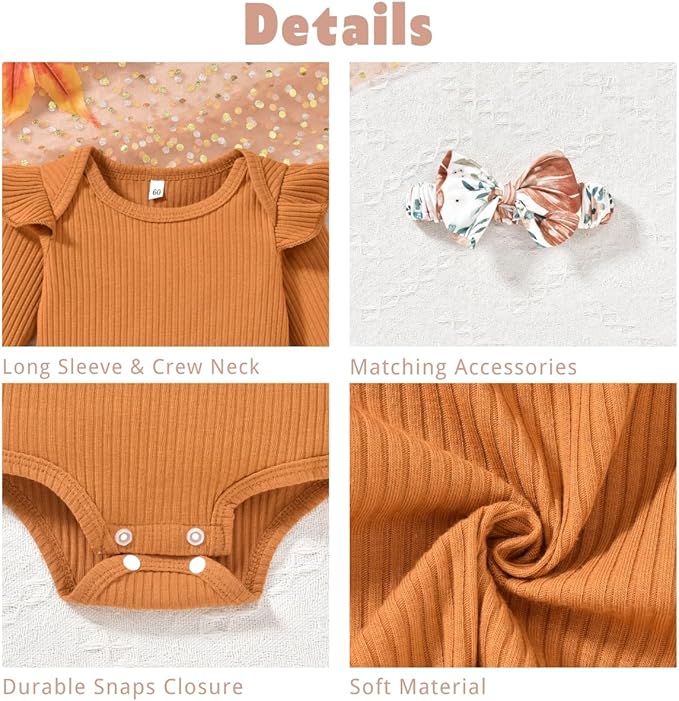 Aalizzwell Preemie Newborn Infant Baby Girls Clothes Ribbed Romper Bodysuit Pants Set Fall Winter Outfits