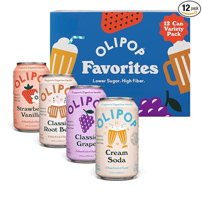 OLIPOP Prebiotic Soda Pop, Favorites Variety, Pantry Pack Packed with Prebiotics, Fiber, and Botanicals, Gluten Free, Vegan, GMO Free, 12oz (12-Cans)