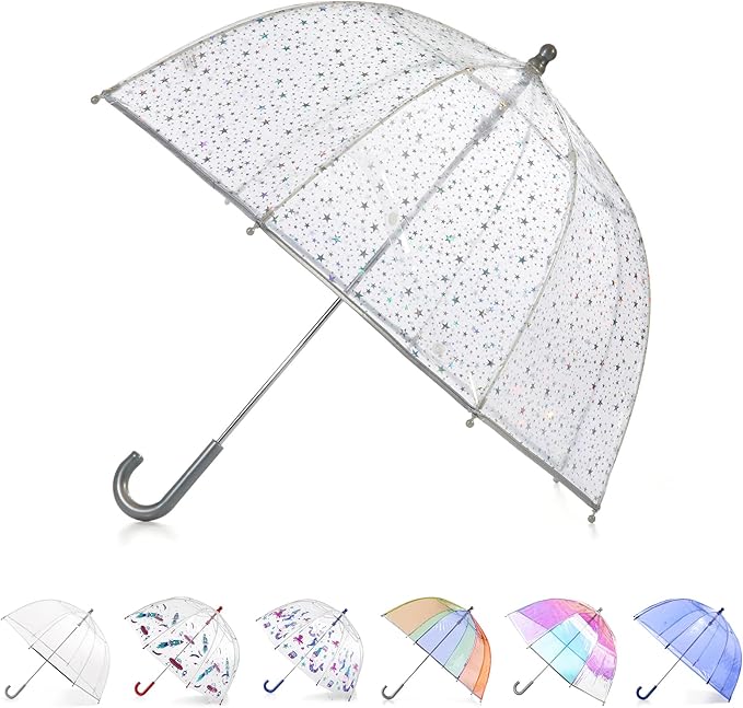totes Kids Clear Bubble Umbrella with Dome Canopy, Lightweight Design, Wind and Rain Protection Umbrella, Holographic Star, Kids - 38" Canopy