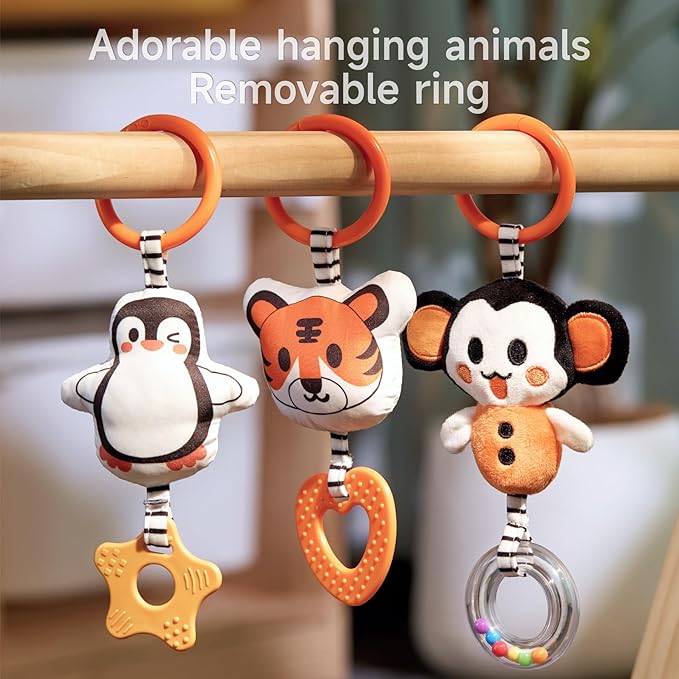 TUMAMA Baby Car Seat Toys, Black and White High Contrast Newborn Infant Hanging Toys, Crib Stroller Spiral Wrap Toys with 3 PCS Animal Rattles, Sensory Toys for 0-12 Months