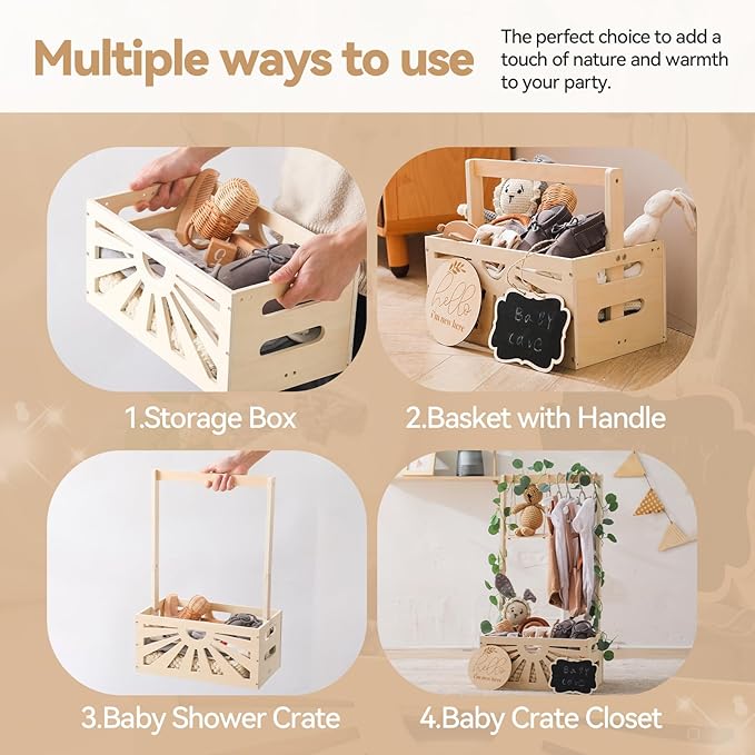 8 In 1 Wooden Baby Shower Crate Closet, Baby Basket with Handle Footprint Kit for Baby Shower Gifts, Baby Shower Wooden Gift Crate, Baby Personailzed Basket for Pregnancy New Parent
