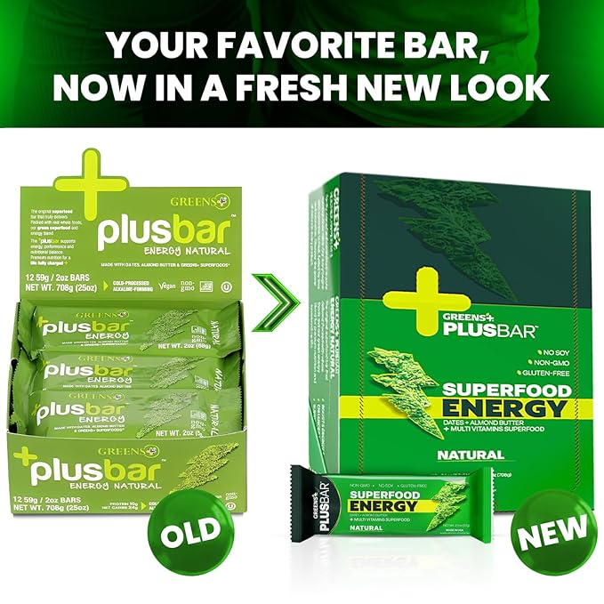 Greens+ Plusbar Energy, Natural, Gluten-Free Snack with Super Greens, Superfoods & Almond Butter, Vegan, Dairy-Free, Non-GMO, 10g Protein Meal Replacement, 12 Pack