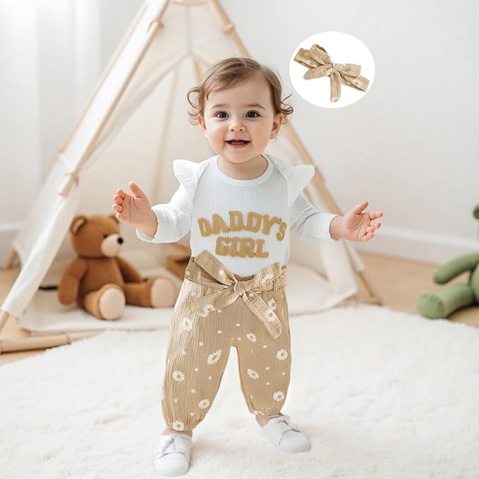 Tsnbre Newborn Baby Girl Outfits Daddys Girls Ruffle Long Sleeve Romper Top Pants Headband Infant Fall Winter Clothes