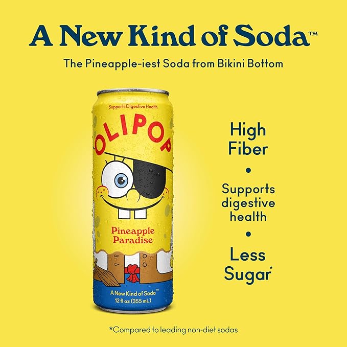 OLIPOP Prebiotic Soda Pop, SpongeBob Pineapple Paradise, Pantry Pack Packed with Prebiotics, Fiber, and Botanicals, Gluten Free, Vegan, GMO Free, 12oz Sleek (12-Cans)