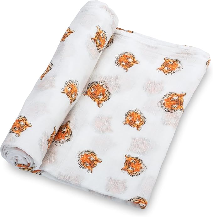 LollyBanks 100% Cotton Muslin Swaddle Blanket, Large 47 x 47 Inches, Tiger Theme, Orange, Modern Animal Print, Breathable and Lightweight, Baby Care, 1 Count