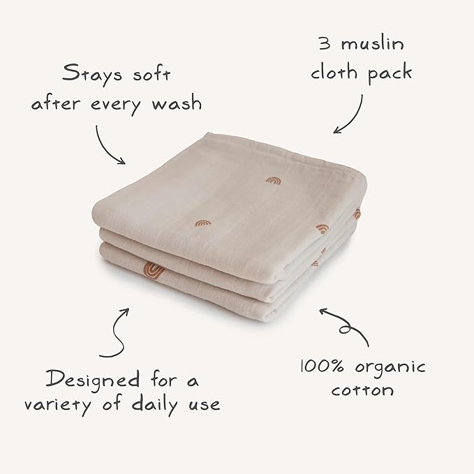 mushie Muslin Baby Cloths | 100% Organic Cotton | 23.5" x 23.5" (Flowers) 3-Pack