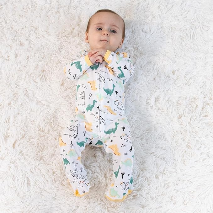 The Peanutshell Baby Sleepers for Boys Set of 3 - Soft Cotton Footed Pajamas for Newborns & Infants - Green Dino