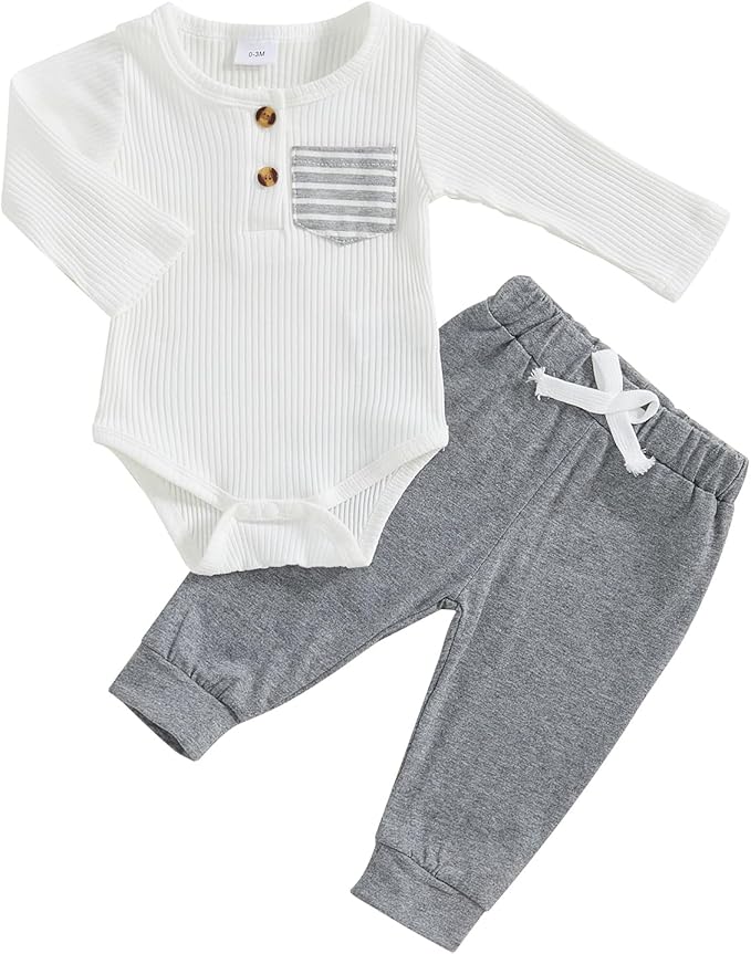 fhutpw Baby Boy Clothes 3 6 12 18 Months Ribbed Knitted Long Sleeve Romper and Pants Sets Newborn Fall Splicing Color Outfits