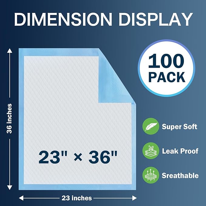 Disposable Pads 23"×36" (100pcs) Moderate Absorbent Underpads Incontinence Bed Pads Disposable Chucks, Pee Pads for Kids, Adults and Pet