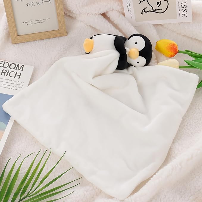 Apricot Lamb Stuffed Animals Security Blanket Black Penguin Infant Nursery Character Blanket Luxury Snuggler Plush(Black Penguin)