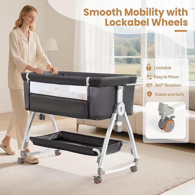 JOYMOR 3 in 1 Baby Bassinet, Bedside Bassinet for Baby, with Comfy Mattress and Wheels, 6 Height Adjustable Easy Folding Portable Bedside Crib for Newborn (Black)