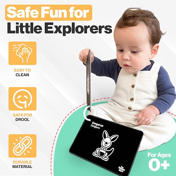 Happy Start High Contrast Baby Cards for Newborns - Black & White Cards, Water-Resistant, BPA-Free, Portable Educational Flashcards for Visual Stimulation, Award-Winning, Ages 0+ (English & Español)