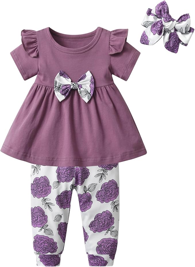 3PCS Baby Girl Clothes Ruffle Floral Shirt Tops Pants Headband Outfit Sets