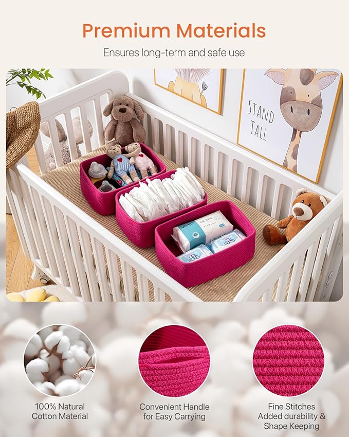 Small Woven Basket, 13.5 x 9.5 x 5 Inches, Storage Basket for Organizing, Cute Small Rope Shelf Closet Cube Storage Bins Baskets for Shelves, Dog Toy Gift Baskets Empty, 3 Packs, Hot Pink