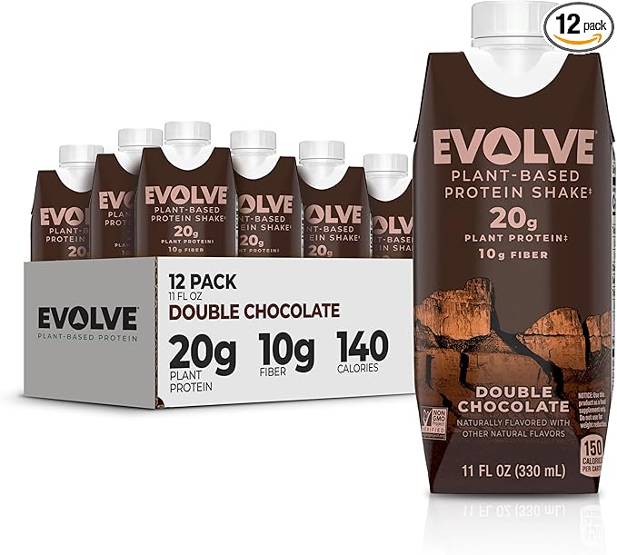 Evolve Plant Based Protein Shake, Double Chocolate, 20g Vegan Protein, Dairy Free, No Artificial Sweeteners, Non-GMO, 10g Fiber, 11 Fl Oz (Pack of 12) - (Formula May Vary)