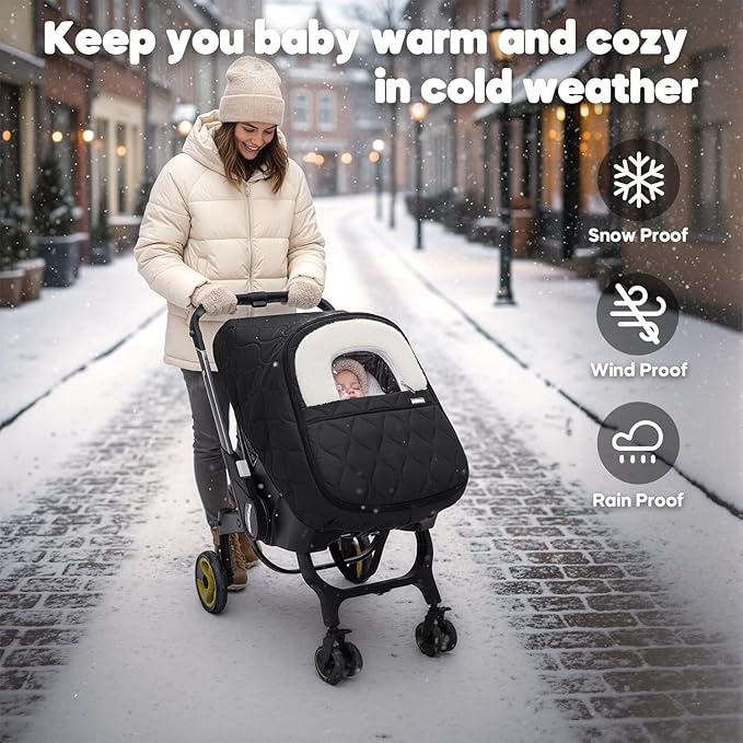 Winter Baby Car Seat Cover, Waterproof, Windproof Warm Fleece Breathable with Full Zipper for Newborn Car Seat, Black
