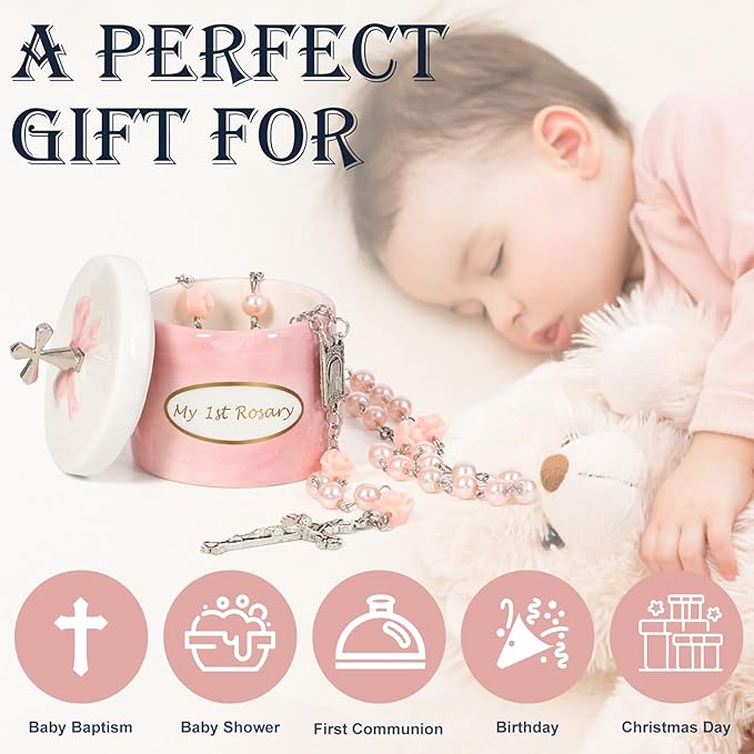 Baptism Gifts for Girl My First Pink Rosary Keepsake Box – Catholic Pink Rosary Box for Kids, Christening Baptism Decor for Kids, First Communion Keepsake Set from Godmother, Baby Girl Dedication Gift