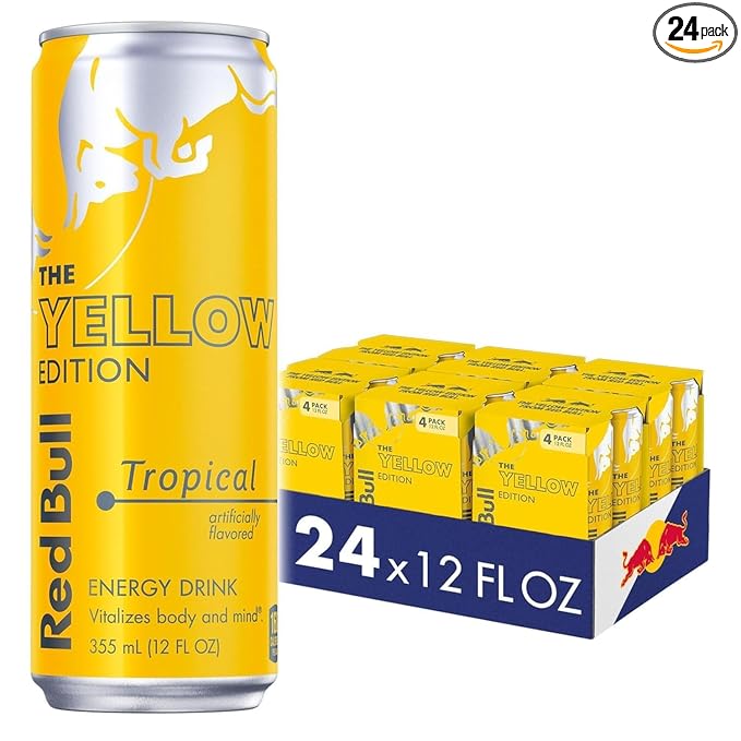 Red Bull Yellow Edition Energy Drink, Tropical, with 114mg Caffeine plus Taurine & B Vitamins, 12 Fl Oz, 6 Packs of 4 Cans (Pack of 24)