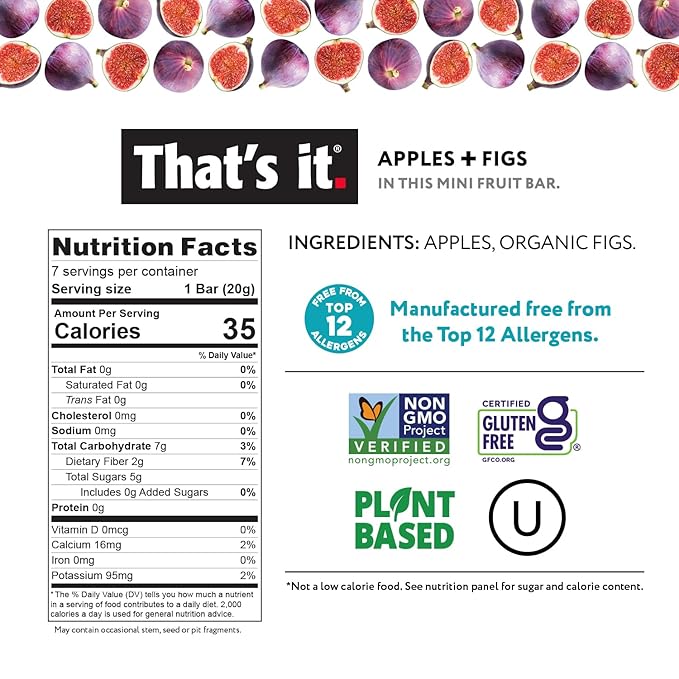 That's it. Mini Fruit Bars (Variety 35 Pack) No Sugar Added, Plant-Based, Vegan & Gluten Free, Breakfast Bar, Paleo, for Children & Adults, Non GMO, Fiber (7 Blueberry, 7 Cherry, 7 Fig, 7 Mango, 7 Strawberry)