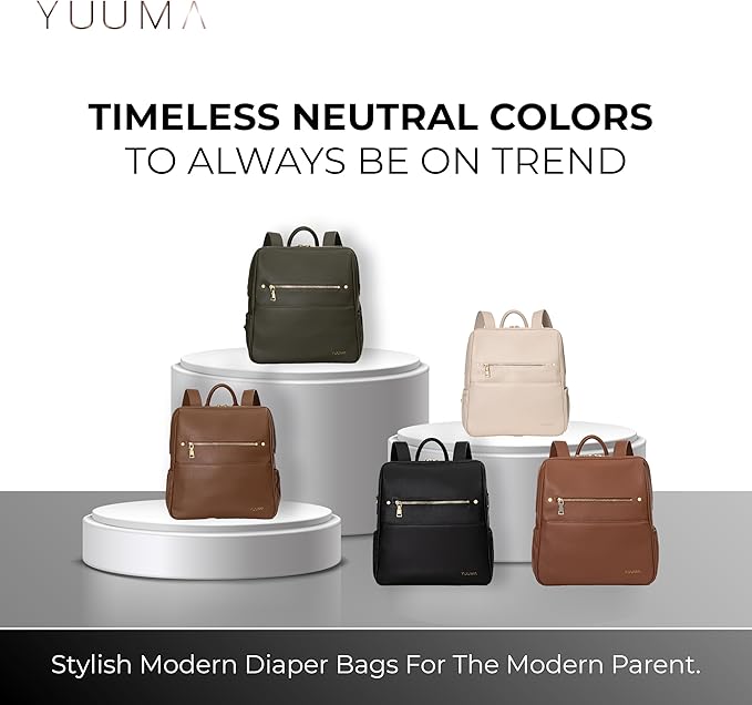 YUUMA Collection Original Diaper Backpack - Vegan Leather Diaper Bag - Gold Zipper - Multiple Pockets - Easy Clean Nylon Interior - Many Colors - Modern Diaper Bag (Olive)