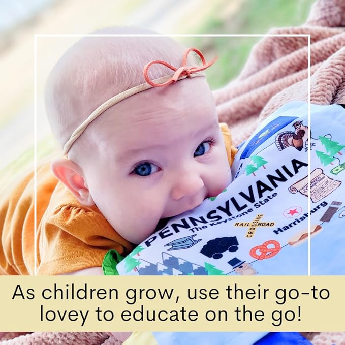 Baby Jack & Co 8x8” Learning Lovey Pennsylvania State Tag Stroller Toy for Babies - Crinkle Toys for Developing Five Senses - Learn About Capitals - Travel with Baby Jack - BPA Free Clip