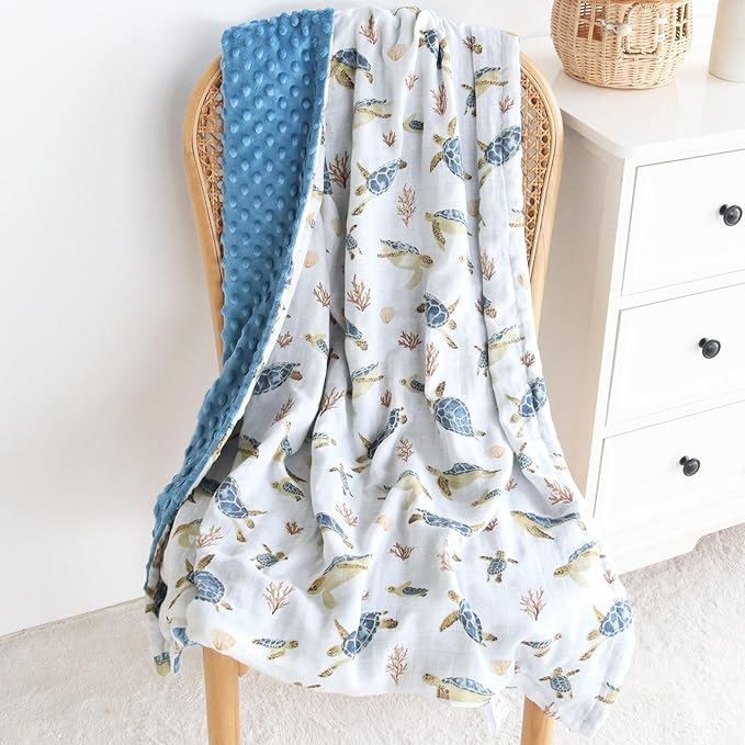 LifeTree Baby Blankets for Boys Girls, Soft Double Layer Swaddle Blankets, Muslin Front and Dotted Fleece Backing Receiving Bed Throw Blanket for Newborn Unisex, 31X40 Inches, Seaturtle