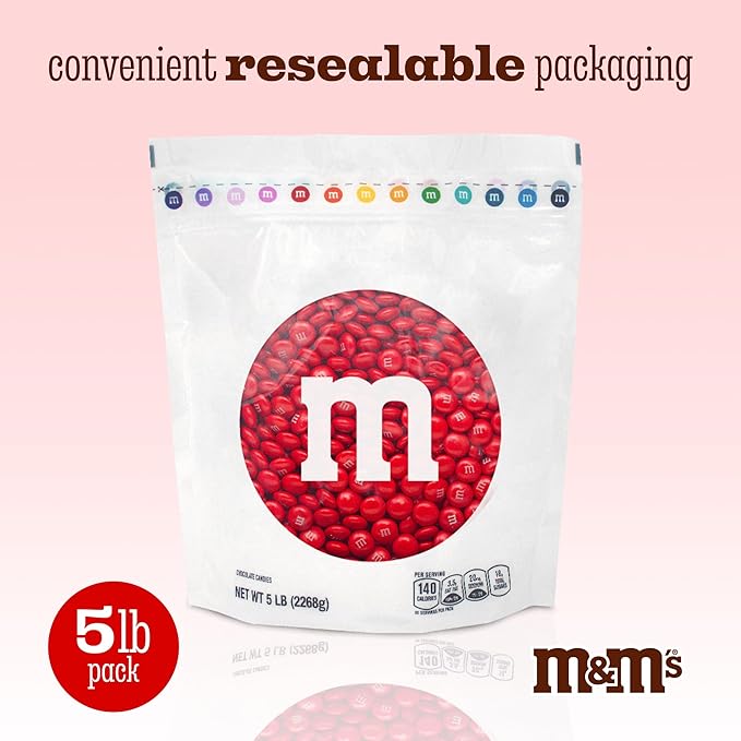 M&M’S WORLD Red Milk Chocolate Candy 5lb Resealable Pack for Candy Bars Birthday Parties 4th of July Christmas Valentine's Day Dessert Tables and Party Favors