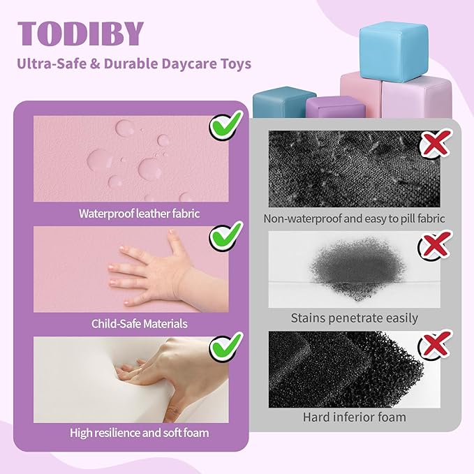Foam Building Blocks for Toddlers：12-Pieces Wipeable Leather Stacking Cubes Kids - Large Soft Toys Play Set for Learning Construction Baby Preschool Daycare Therapy Birthday Gift (Purple Pink)