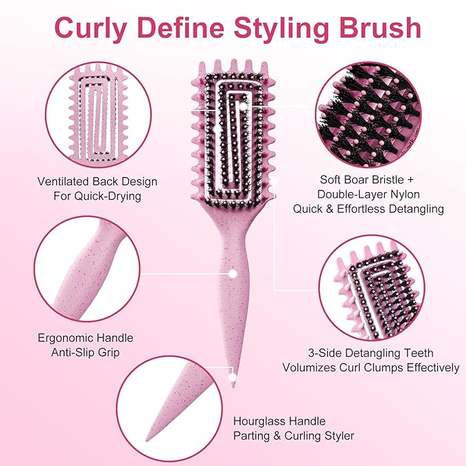 Curly Hair Brush, Curl Defining Brush with Soft Boar Bristles Detangling Tangled Glides, Wide-Teeth Design Effortlessly Shaping & Defining Curls, Curling Definer for Wet & Dry Hair (Pink)