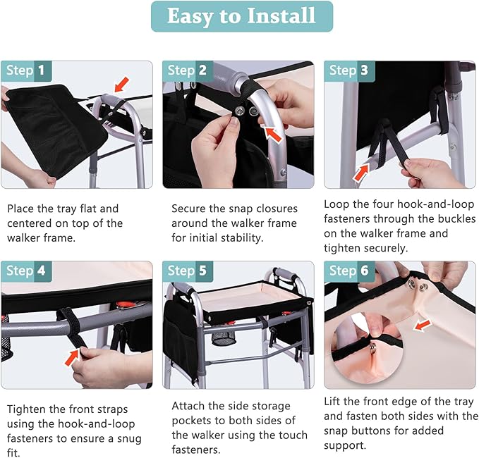 BAGSFY Walker Tray with Cup Holder & 2 Side Pockets, Folding Walker Table for Seniors | Sturdy, Easy-Clean Tray with PEVA Surface | Universal Fit for Standard Walkers, Walker Accessory for Elderly