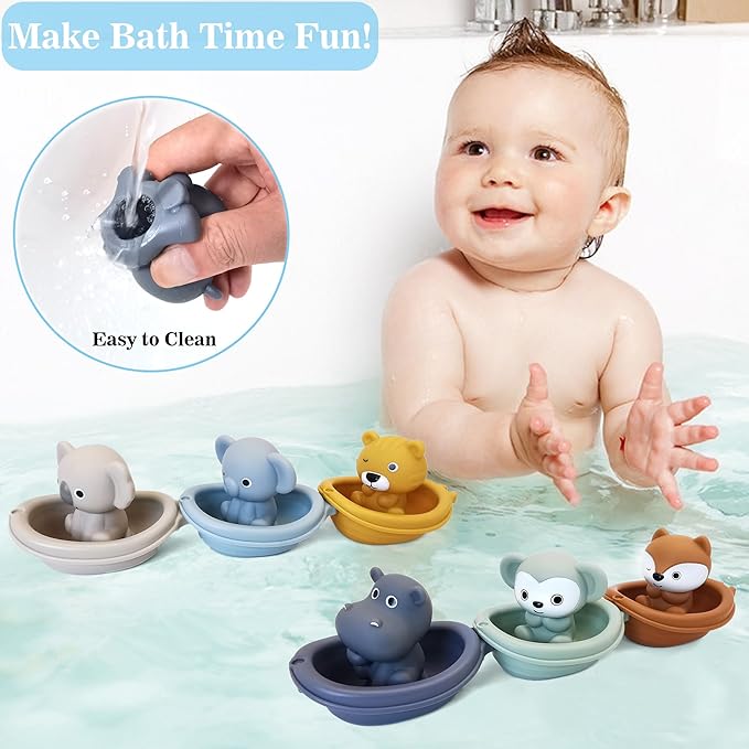 Bath Toys Floating Boats, 12Pcs Bath Toys for Kids Ages 1-3 or Babies 6-12-18 Months, Mold Free Bath Pool Toy for Toddlers 2-4, Stacking Toys, Soft Finger Puppets Animals Bath Toy