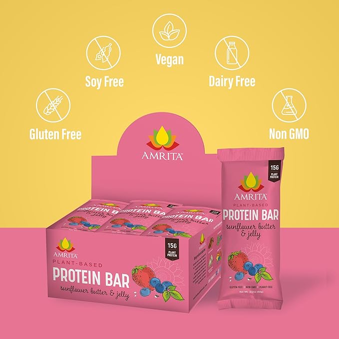 Amrita Nut Free Vegan Protein Bars (12 CT PK of 3) | Sunflower Butter & Jelly 15g Plant-Based Protein Bar | Peanut-Free, Gluten Free, and Dairy-Free | No Added Sugar, Healthy Snacks for Kids/Adults