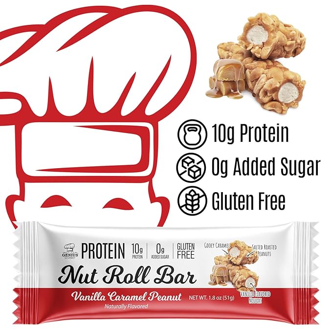 Genius Gourmet Nut Roll Bars Vanilla Caramel Peanut – 10g Protien, Zero Added Sugar, Gluten Free, Non-GMO – Sweet Snack & Dessert for Adults and Kids – 10 Ct Box